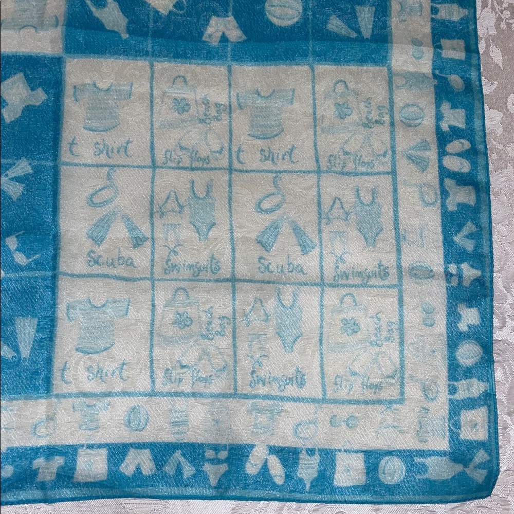 Vintage 1970’s Blue & White Patterned Scarf.  20x20” - Picture 2 of 4